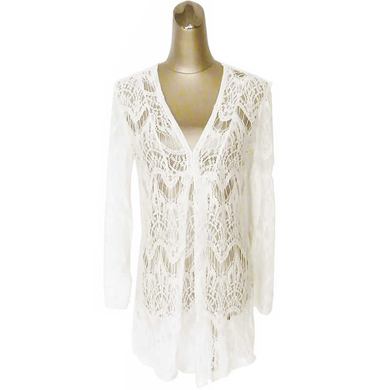 White V Neck Lace Beach Cover up TQS650016-1