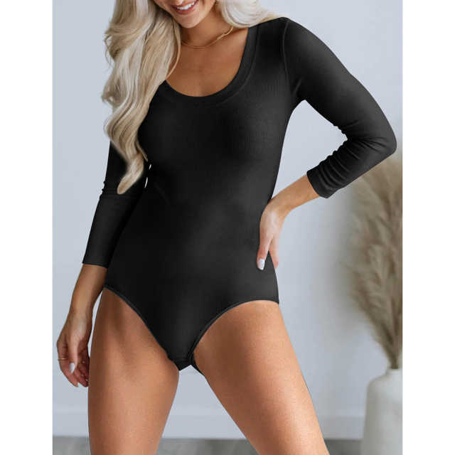 Black U Neck Ribbed Long Sleeve Bodysuit TQV220126-2