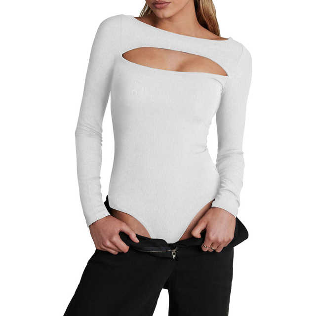 White Ribbed Cut-out Long Sleeve Bodysuit TQV220110-1