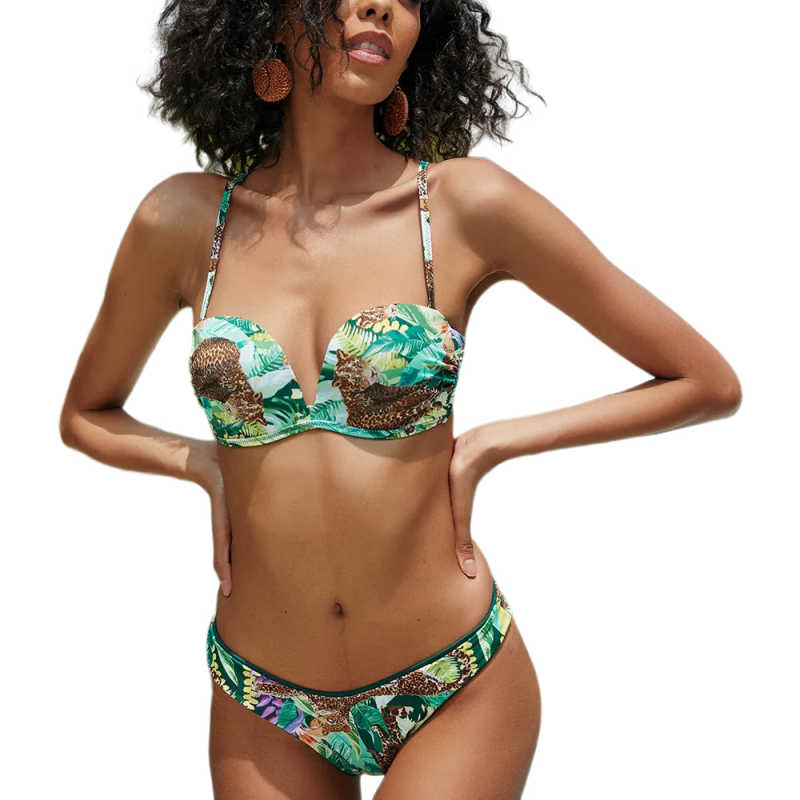 Light Green Tropical Print Push-up 2pcs Bikini Set TQK610237-28