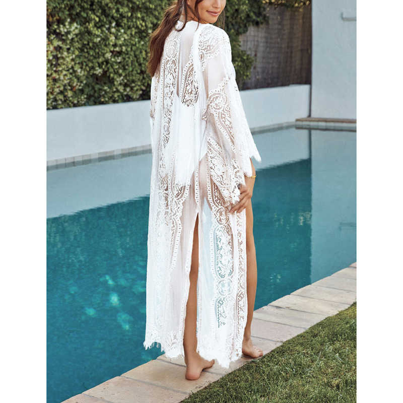 White Lace Mesh Long Sleeve Beach Cover up TQK650090-1