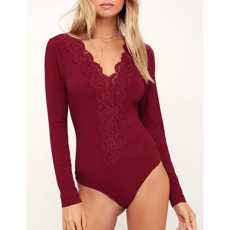 Burgundy Lace V Neck Long Sleeve Bodysuit TQV220109-23