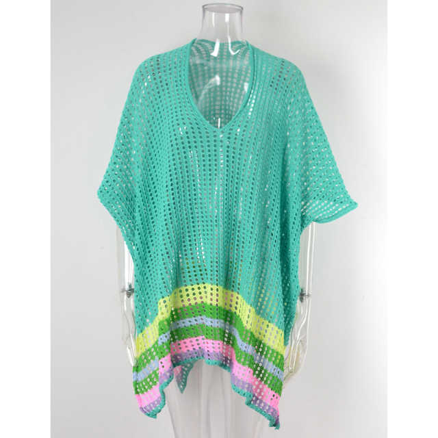 Blue Hollw-out Colorblock Hem V Neck Beach Cover TQX650055-5