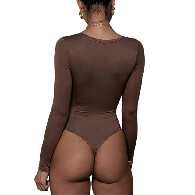 Coffee V Neckline Long Sleeve Bodysuit TQK550263-15