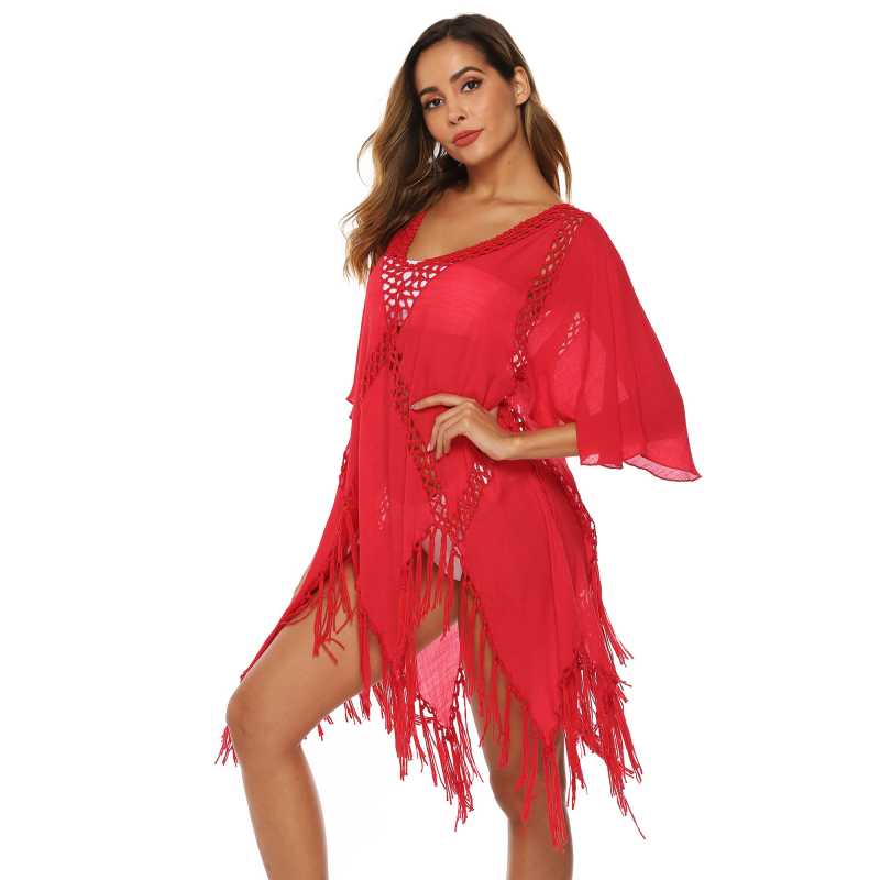 Red Hollow Out Tassel Beach Cover up GJZ00205-3