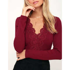 Burgundy Lace V Neck Long Sleeve Bodysuit TQV220109-23