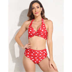 Red Polka Dot Front Twist Halter Bikini Swimsuit TQK610321-3