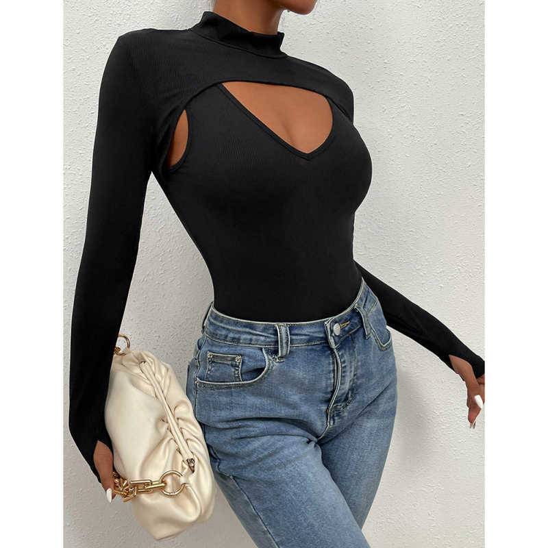 Black Mock Neck Cut-out Ribbed Long Sleeve Bodysuit TQV220133-2