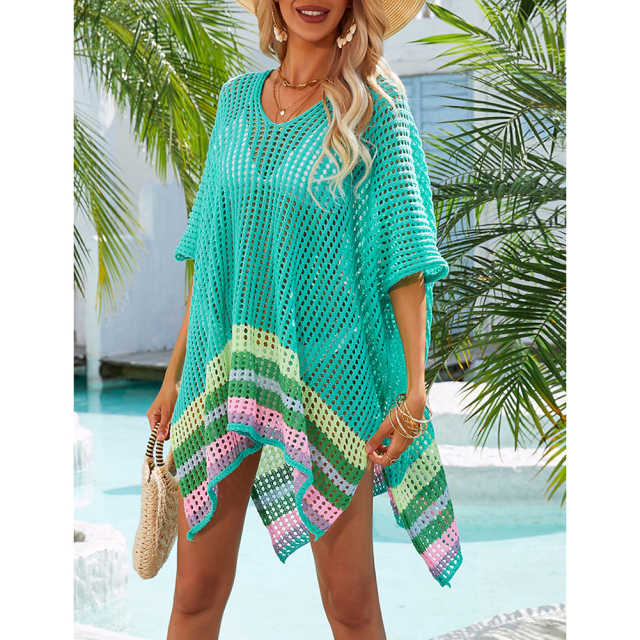 Blue Hollw-out Colorblock Hem V Neck Beach Cover TQX650055-5