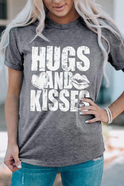 Gray HUGS AND KISSES Valentines Graphic Print Tee LC25219491-11