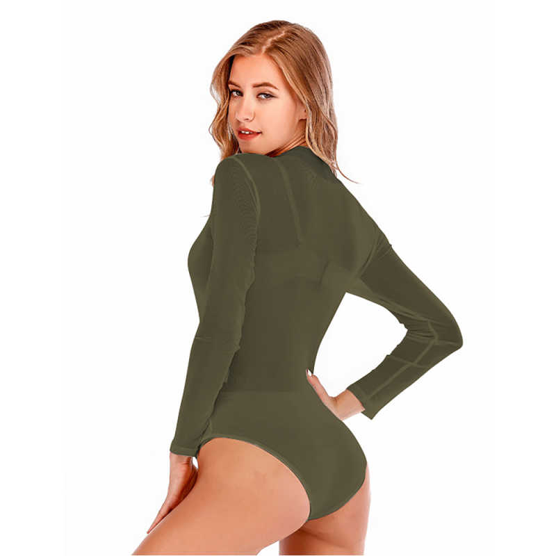 Army Green Sheer Mesh High Collar Long Sleeve Bodysuit TQK550286-27