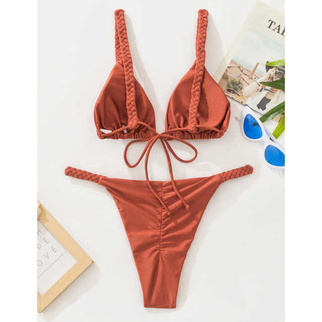 Rust Red Braided Rope Triangle Bikini Set TQK610280-33