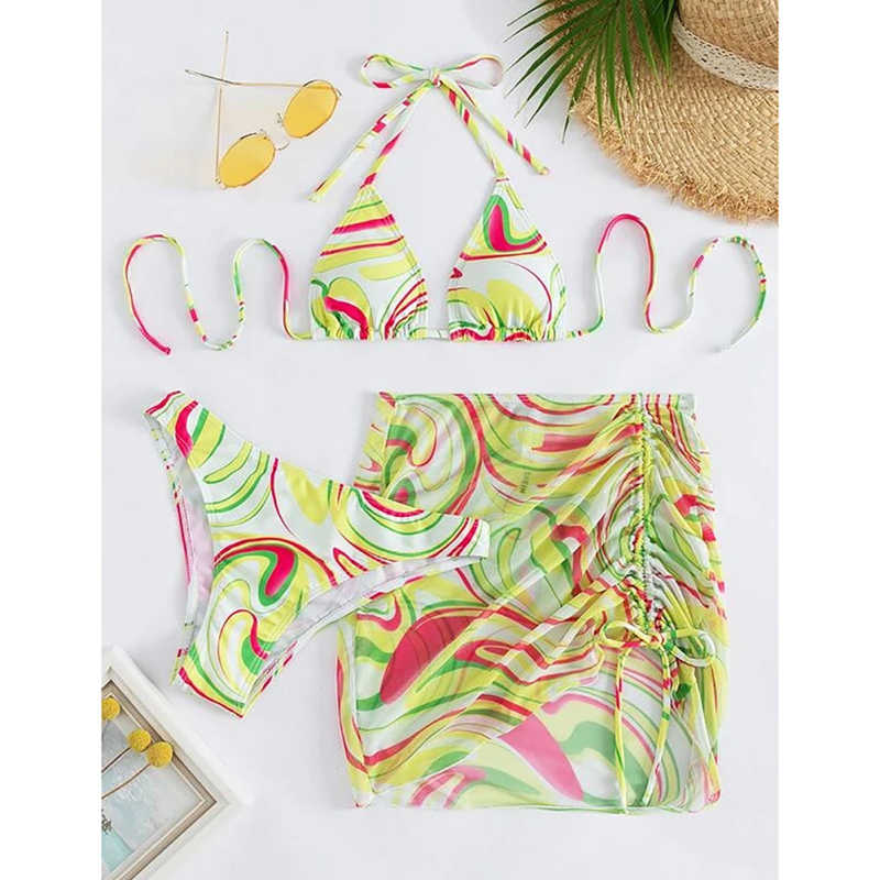Light Yellow 3pcs Stripe Drawstring Skirt with Halter Bikini Set TQK610253-42