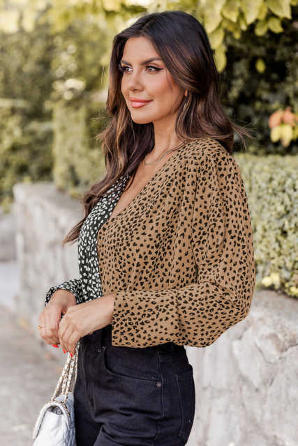 Spliced Leopard Print Wrap Long Sleeve Bodysuit LC6421198-20