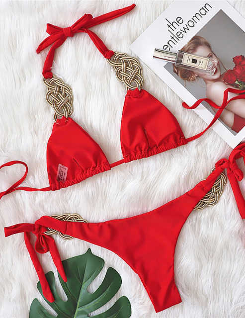 Red Knit Handmade Halter 2pcs Bikini Swimsuit TQK610327-3