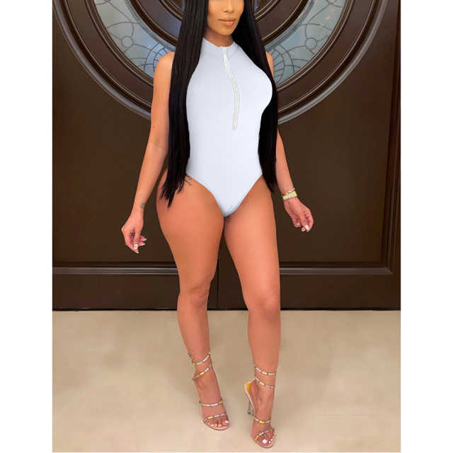 White Diamond Tassel Zipper Sleeveless Bodysuit TQV250001-1