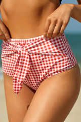 Red Plaid Print Front Tie High Waist Bikini Bottoms LC472107-3