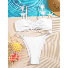White Shirring Bowknot Front Bikini Set TQK610262-1
