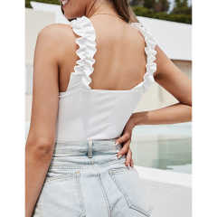 White Rib Ruffled Sleeveless Square Neck Bodysuit TQX551129-1