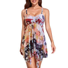 Orange Digital Print Pleated Swimdress Tankini Set TQV610002-14