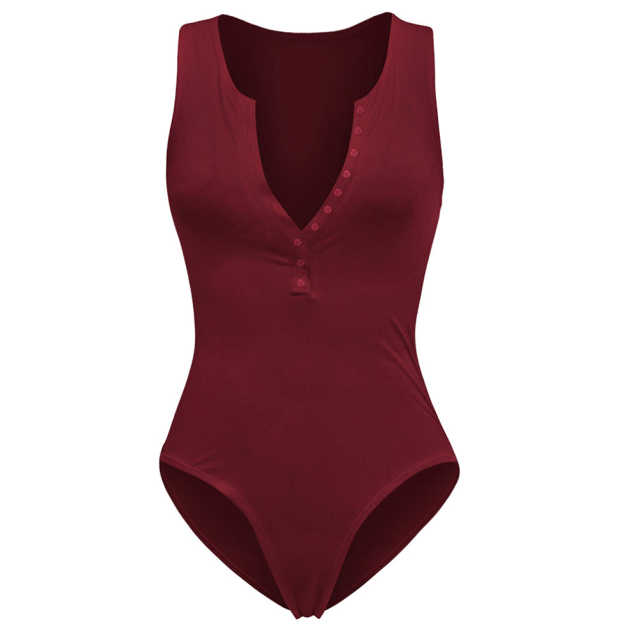 Wine Red Button-up Rayon Sleeveless Bodysuit TQK550296-23