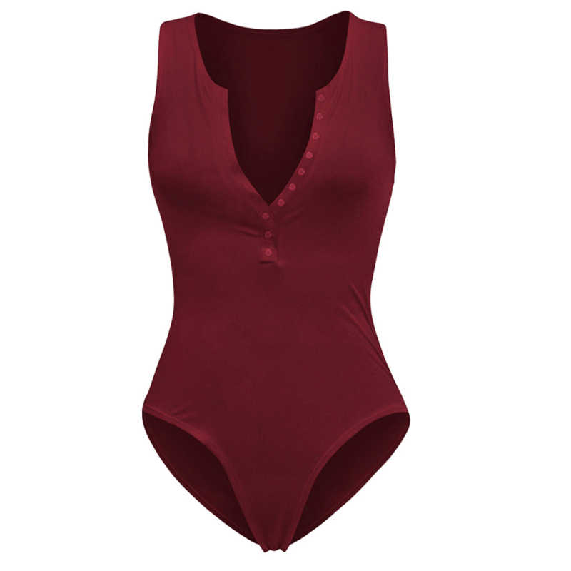 Wine Red Button-up Rayon Sleeveless Bodysuit TQK550296-23