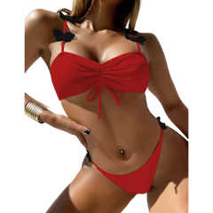 Red Shirring Bowknot Front Bikini Set TQK610262-3