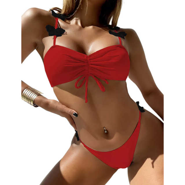 Red Shirring Bowknot Front Bikini Set TQK610262-3