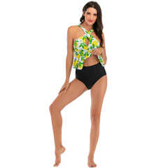 Light Green Floral Print Cross Ruffled  Tankini Set TQK610148-28