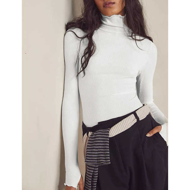White Ribbed High Collar Long Sleeve Bodysuit TQV220125-1