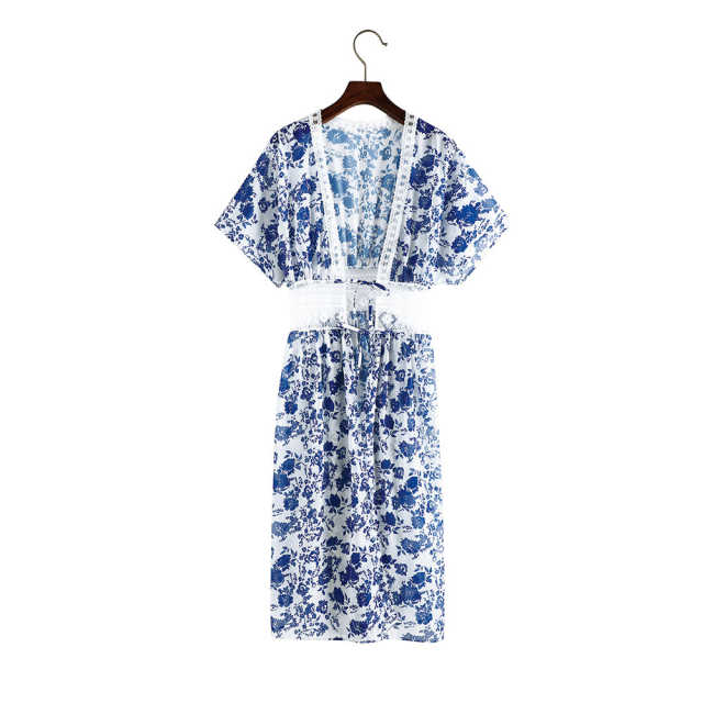 Blue Chiffon & Lack Long Kimono Beach Cover TQK650081-5