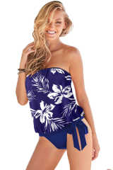 Blue Floral Pattern Strapless Tankini Set LC414353-5
