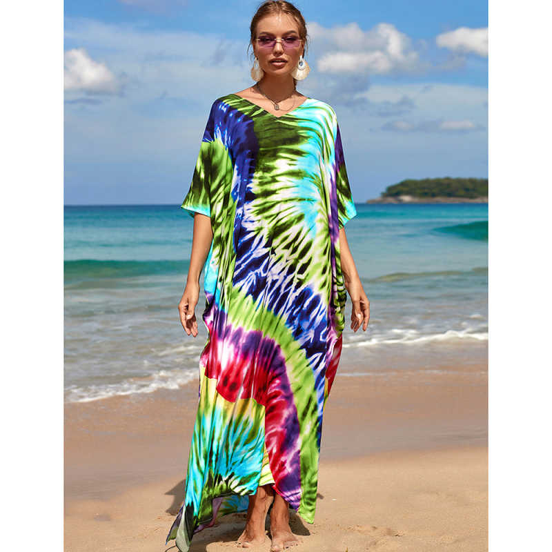 Green Graffiti Loose Beach Kimono Dress TQK650096-9