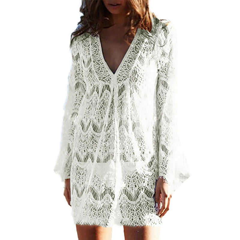 White V Neck Lace Beach Cover up TQS650016-1