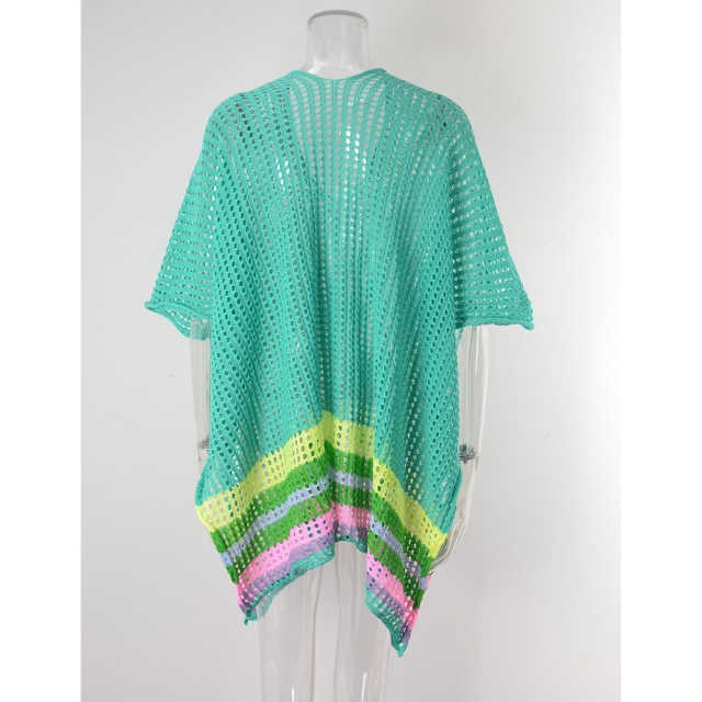 Blue Hollw-out Colorblock Hem V Neck Beach Cover TQX650055-5