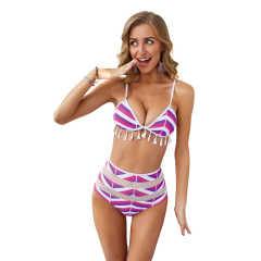 Purple Stripe Print High Waist Bikini TQK610130-8