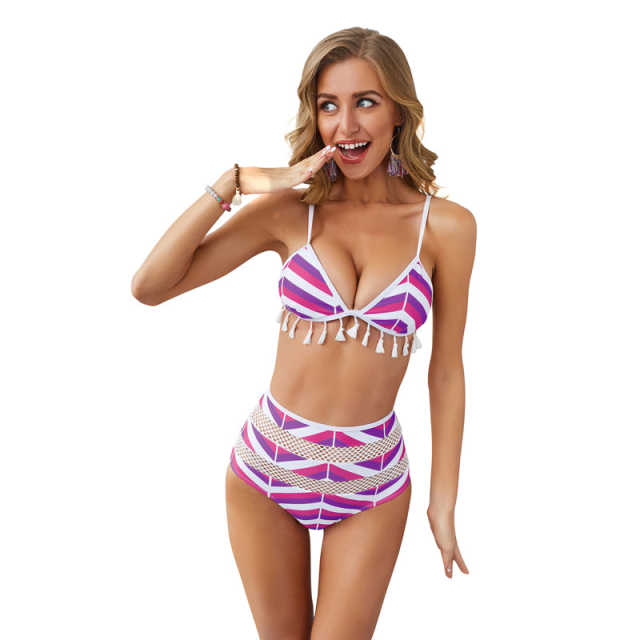 Purple Stripe Print High Waist Bikini TQK610130-8