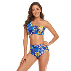 Blue Printed One Shoulder Ruffle Bikini Swimwear TQK610299-5
