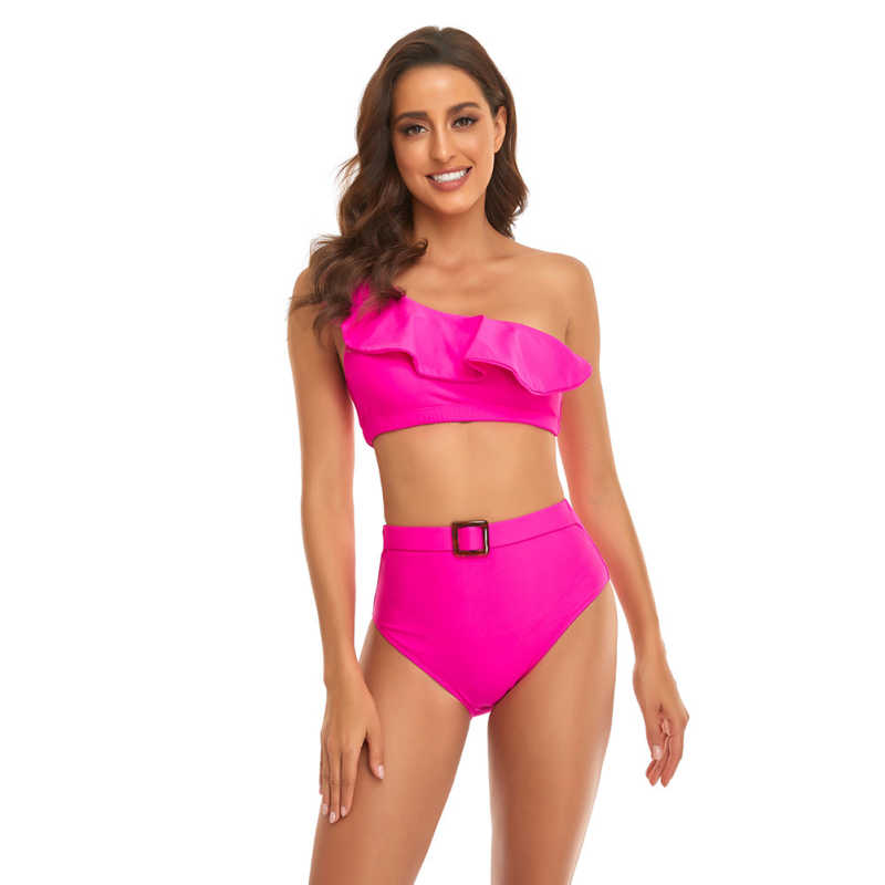 Rosy One Shoulder Ruffle Bikini Swimwear TQK610299-6