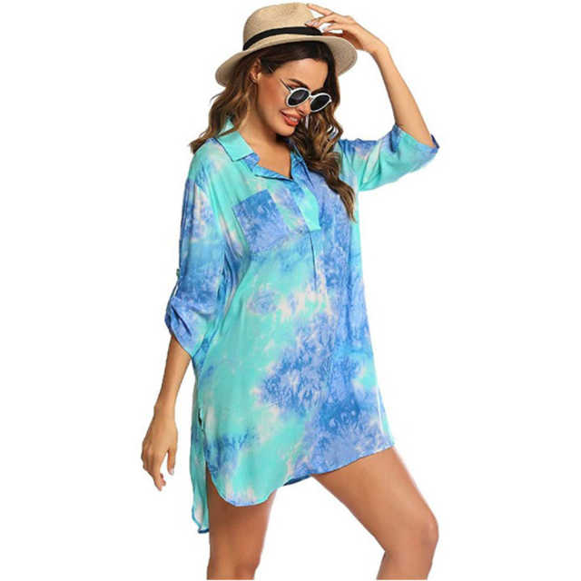Light Blue Print Shirt Style Beach Cover Dress TQK650072-30