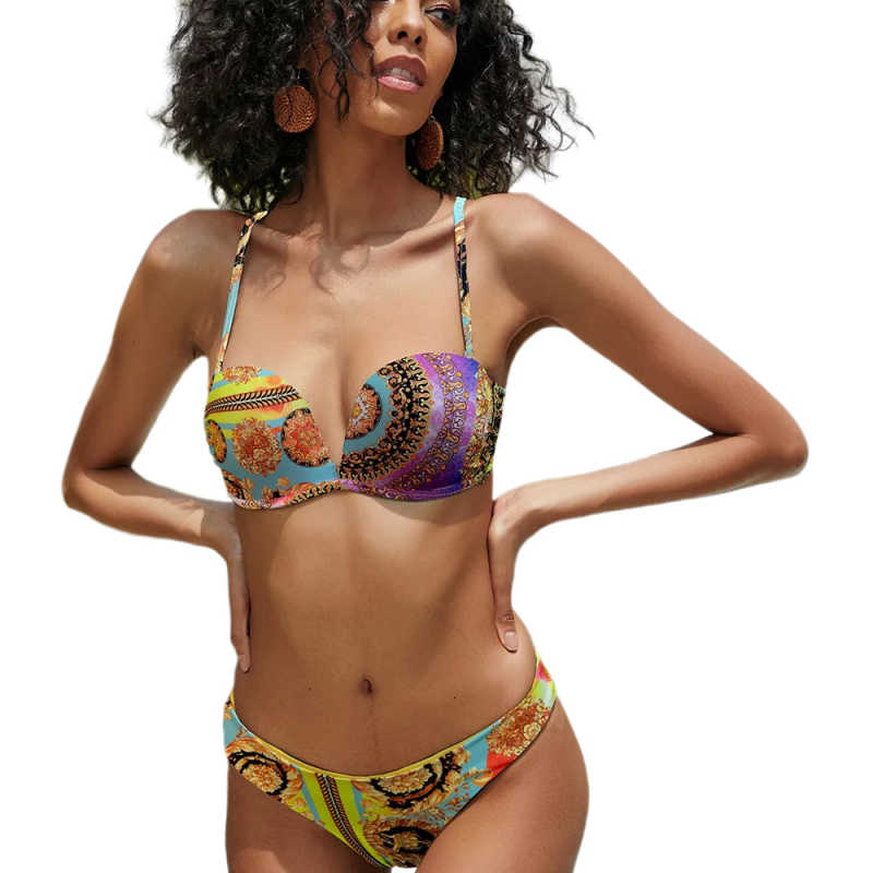 Yellow Tropical Print Push-up 2pcs Bikini Set TQK610237-7