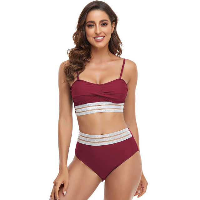 Wine Red Twist Front Splicing 2pcs Bikini Set TQK610271-23