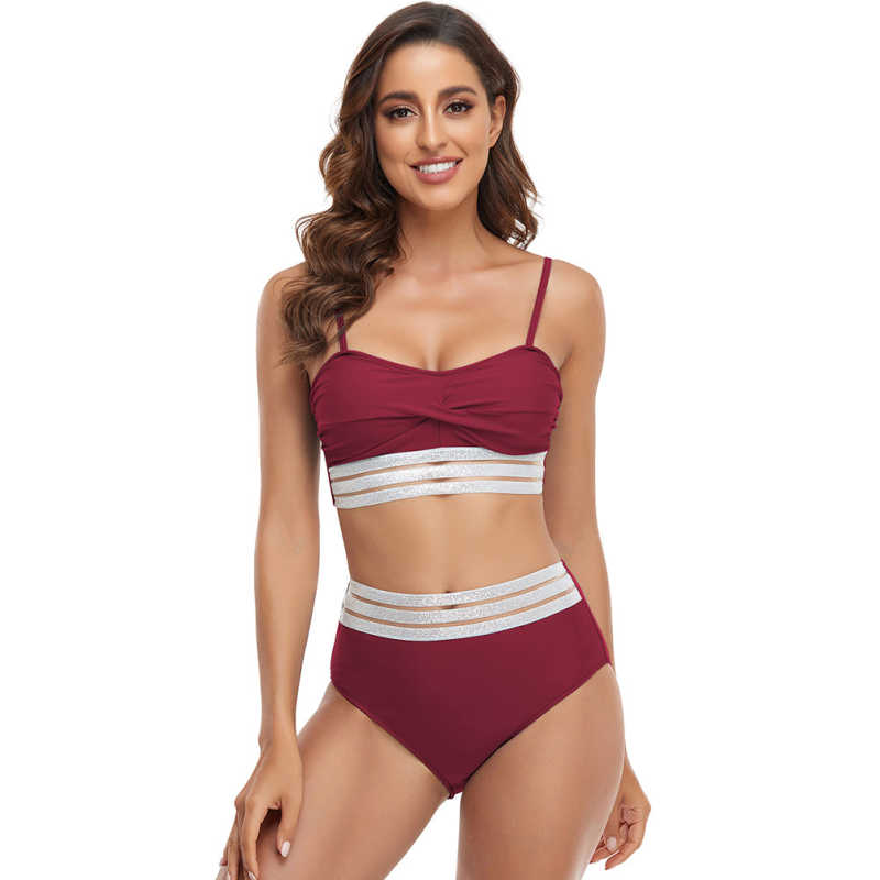 Wine Red Twist Front Splicing 2pcs Bikini Set TQK610271-23
