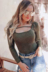 Olive Strappy Hollow-out Scoop Neck Long Sleeve Leopard Bodysuit LC6421125-9