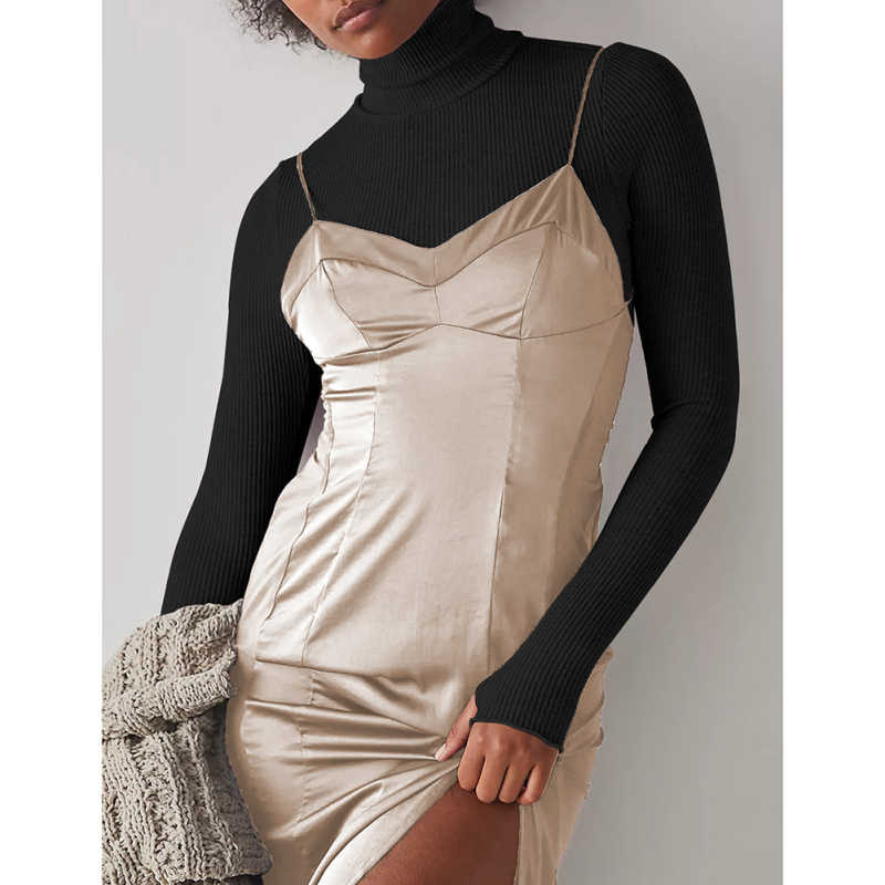 Black Ribbed High Collar Long Sleeve Bodysuit TQV220125-2