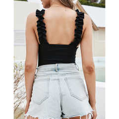 Black Rib Ruffled Sleeveless Square Neck Bodysuit TQX551129-2