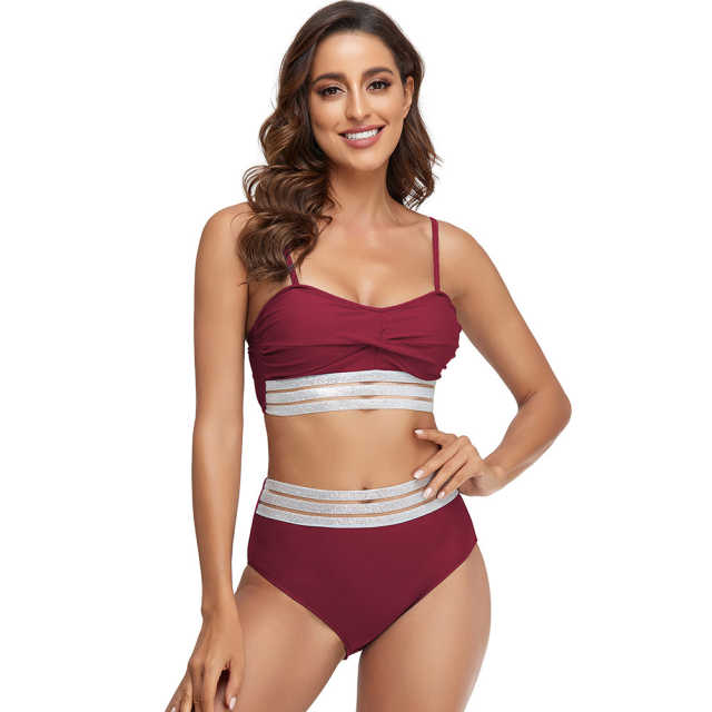 Wine Red Twist Front Splicing 2pcs Bikini Set TQK610271-23