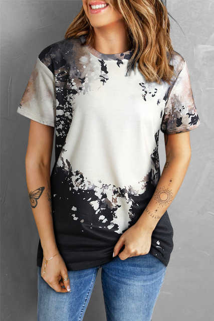 Black Blank Apparel- Bleached Dyed Print O-neck Graphic T Shirt LC25220612-2