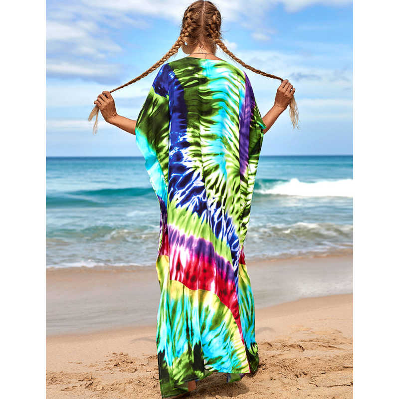 Green Graffiti Loose Beach Kimono Dress TQK650096-9