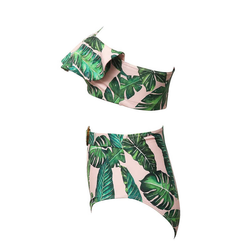 Green Printed One Shoulder Ruffle Bikini Swimwear TQK610299-9
